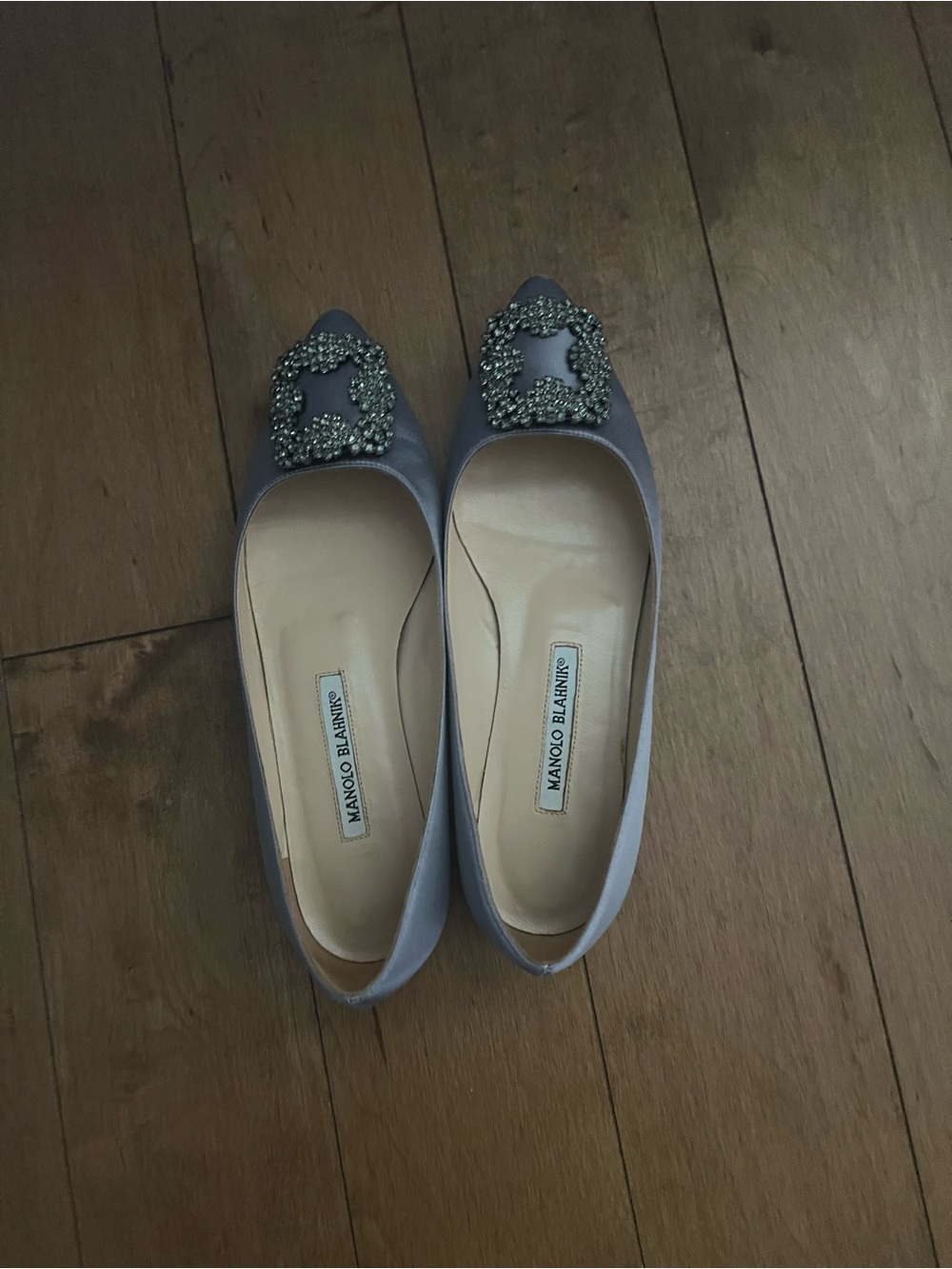 Manolo Blahnik Gray Satin Crystal-Embellished Flats
